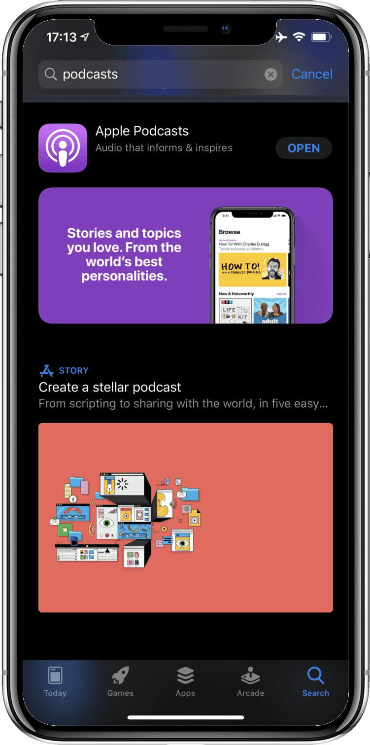 חיפוש של 'פודקאסטים' ב-App Store ב-iOS יציג את אפליקציית הפודקאסטים.