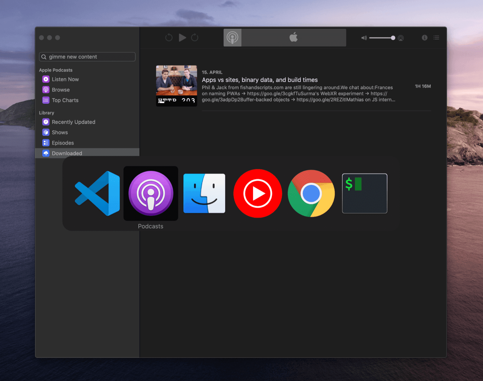 מחליף המשימות ב-macOS עם מספר סמלי אפליקציות שאפשר לבחור מתוכם, אחד מהם הוא אפליקציית הפודקאסטים.