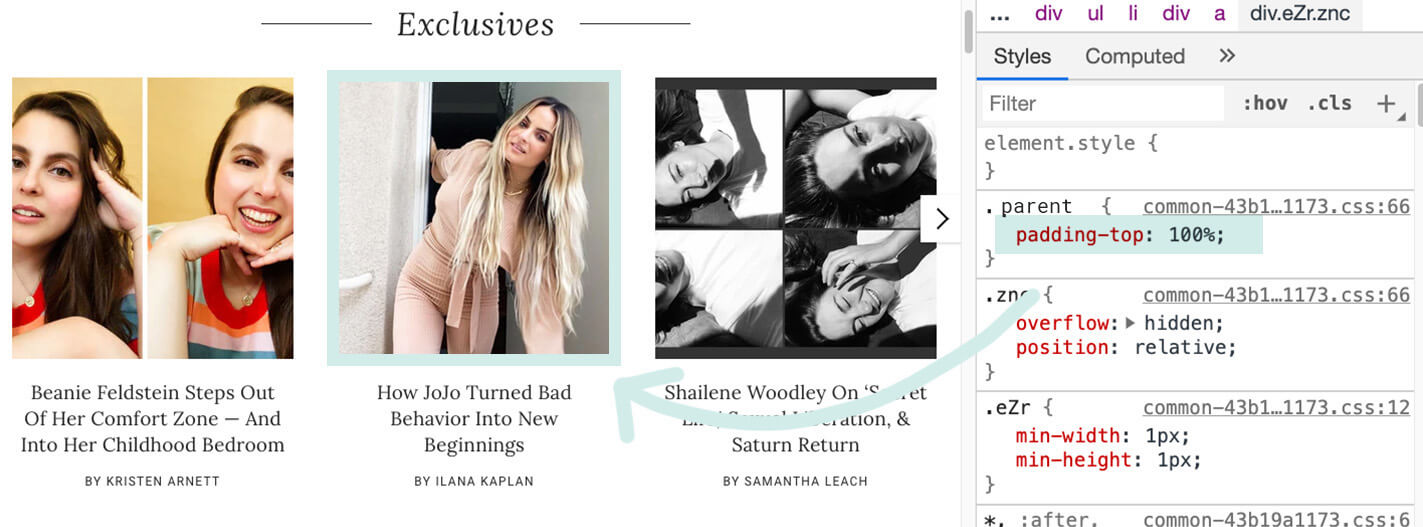使用 padding-top 在轮播界面中为帖子预览图片设置 1:1 的宽高比。