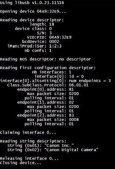 Screenshot der libusb-Debug-Ausgabe auf einer Webseite mit Informationen zur verbundenen Canon-Kamera