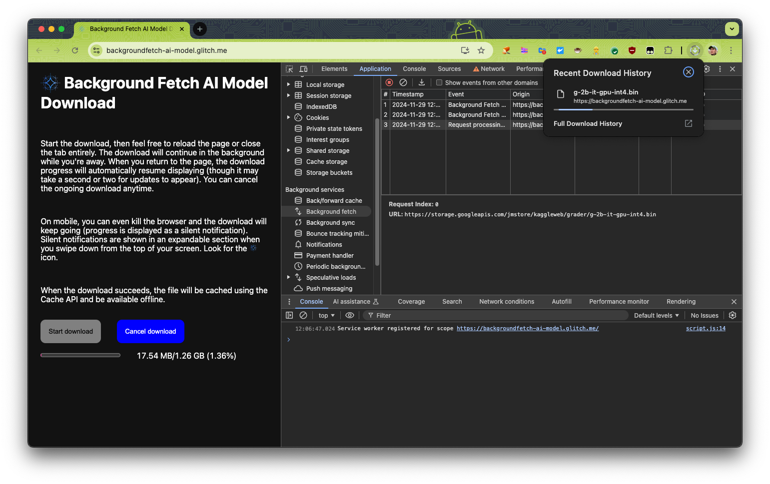 החלונית Application בכלי הפיתוח ל-Chrome פתוחה להורדה של Background Fetch.