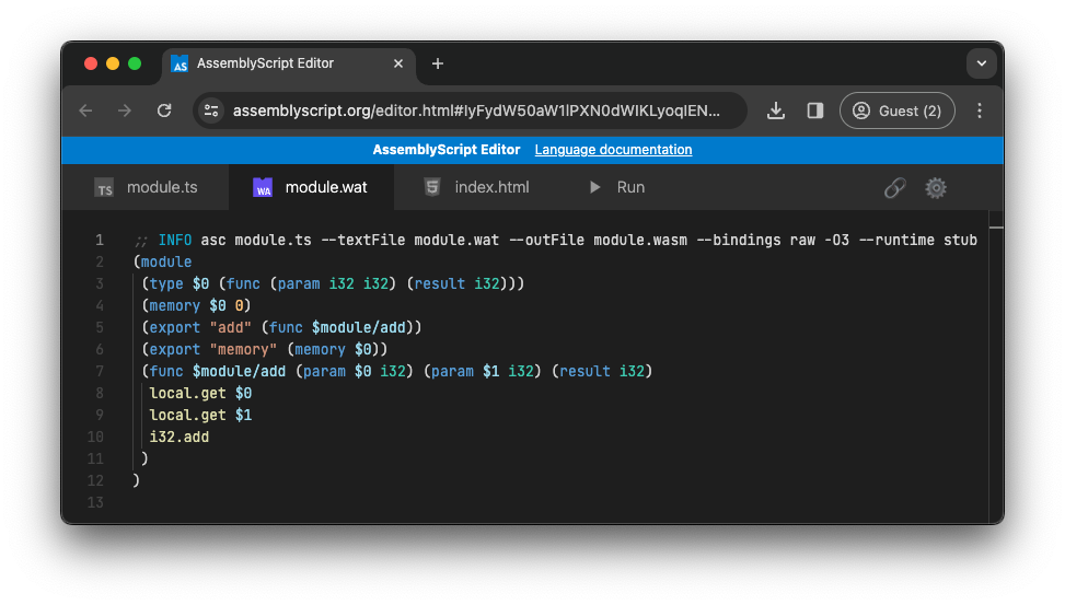 Plac zabaw AssemblyScript z wygenerowanym kodem WebAssembly na podstawie poprzedniego przykładu.