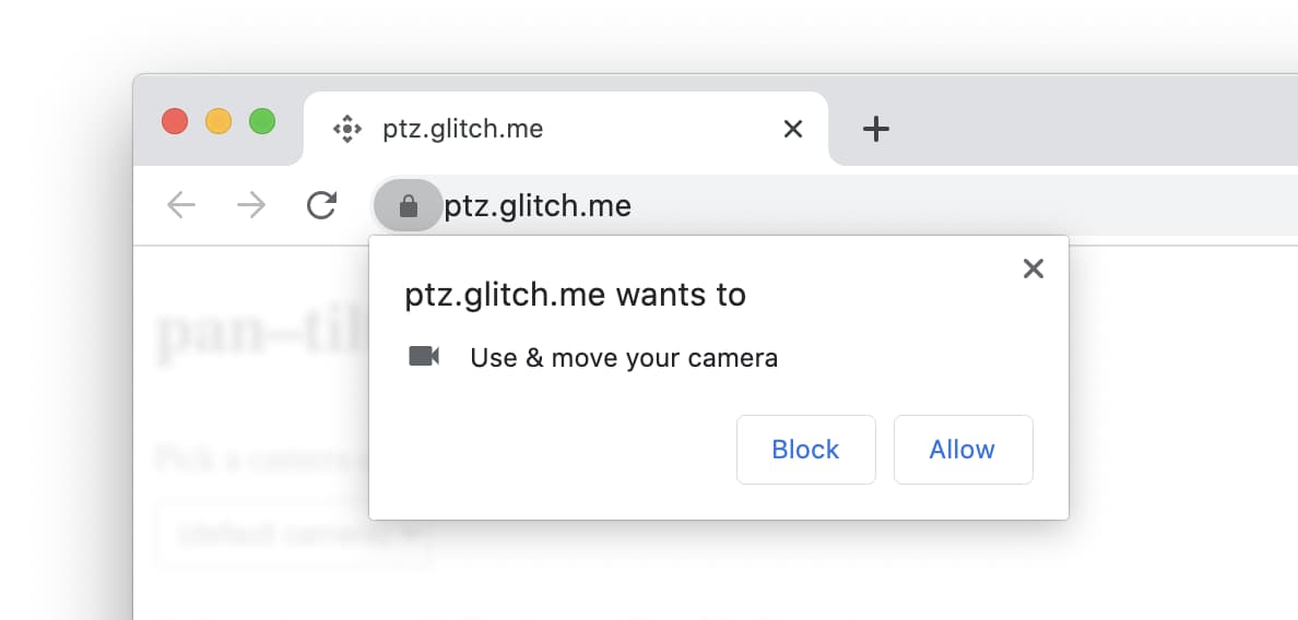 Captura de pantalla de un mensaje del usuario de PTZ de la cámara en Chrome para macOS.