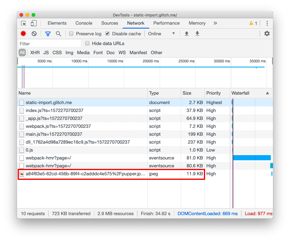 点击按钮后的开发者工具“网络”标签页，显示相同的六个 JavaScript 文件和一个图片。