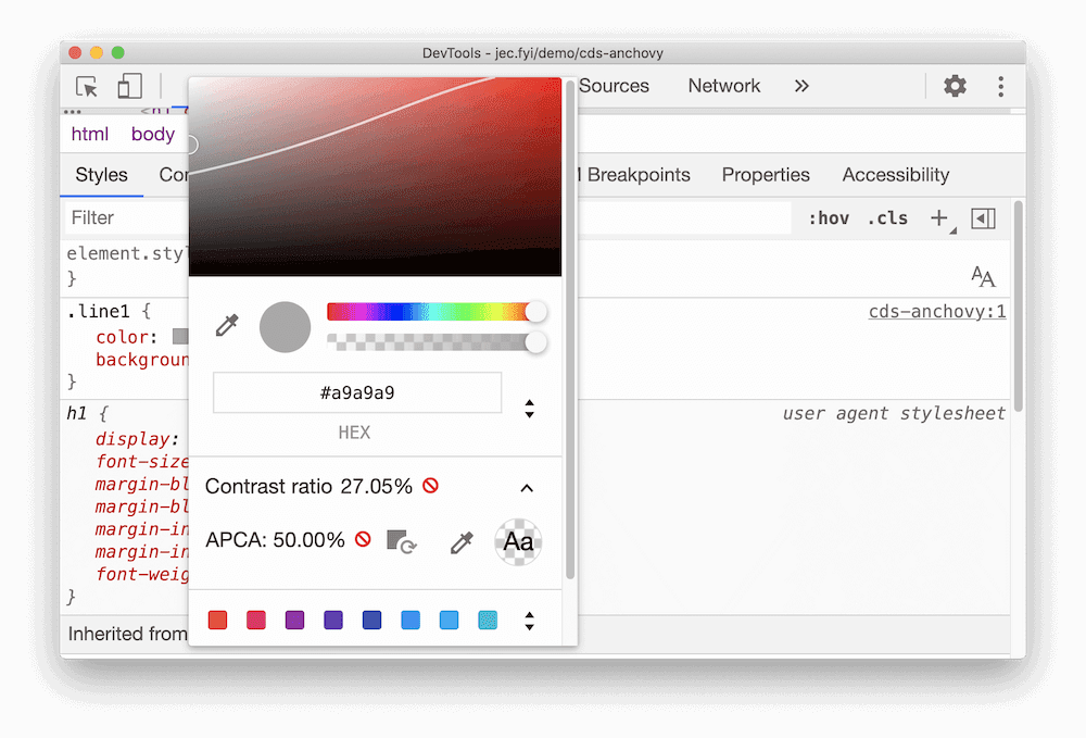 L'output della funzionalità APCA in Chrome.