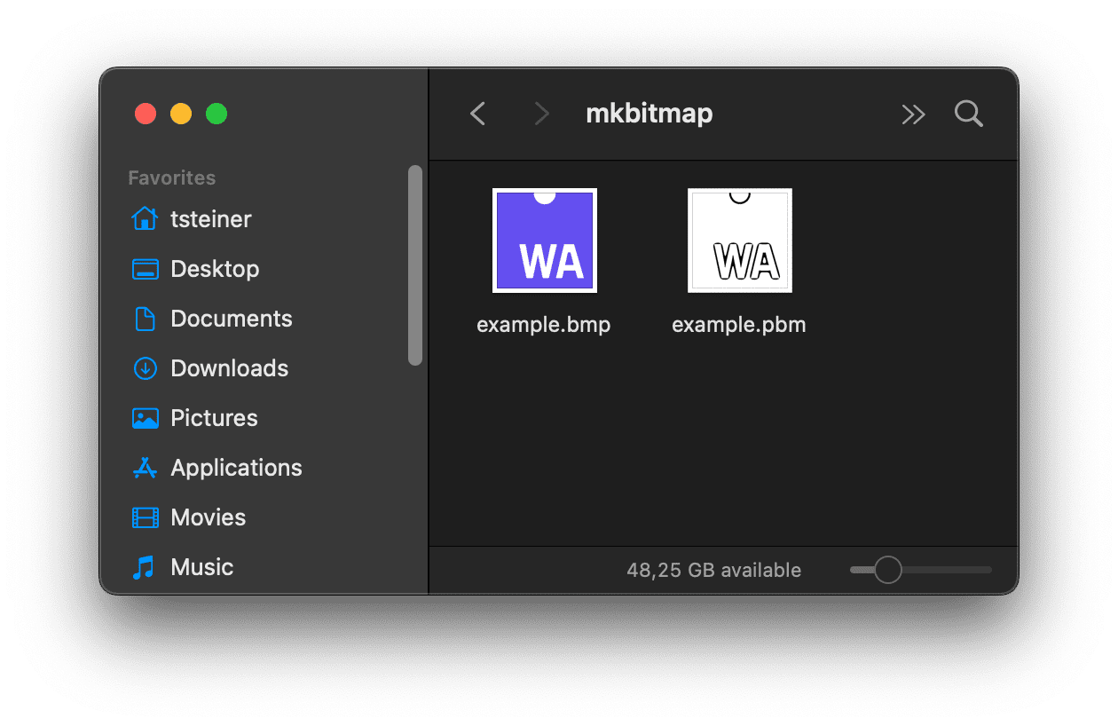 ‫macOS Finder עם תצוגה מקדימה של קובץ הקלט ‎ .bmp וקובץ הפלט ‎ .pbm.