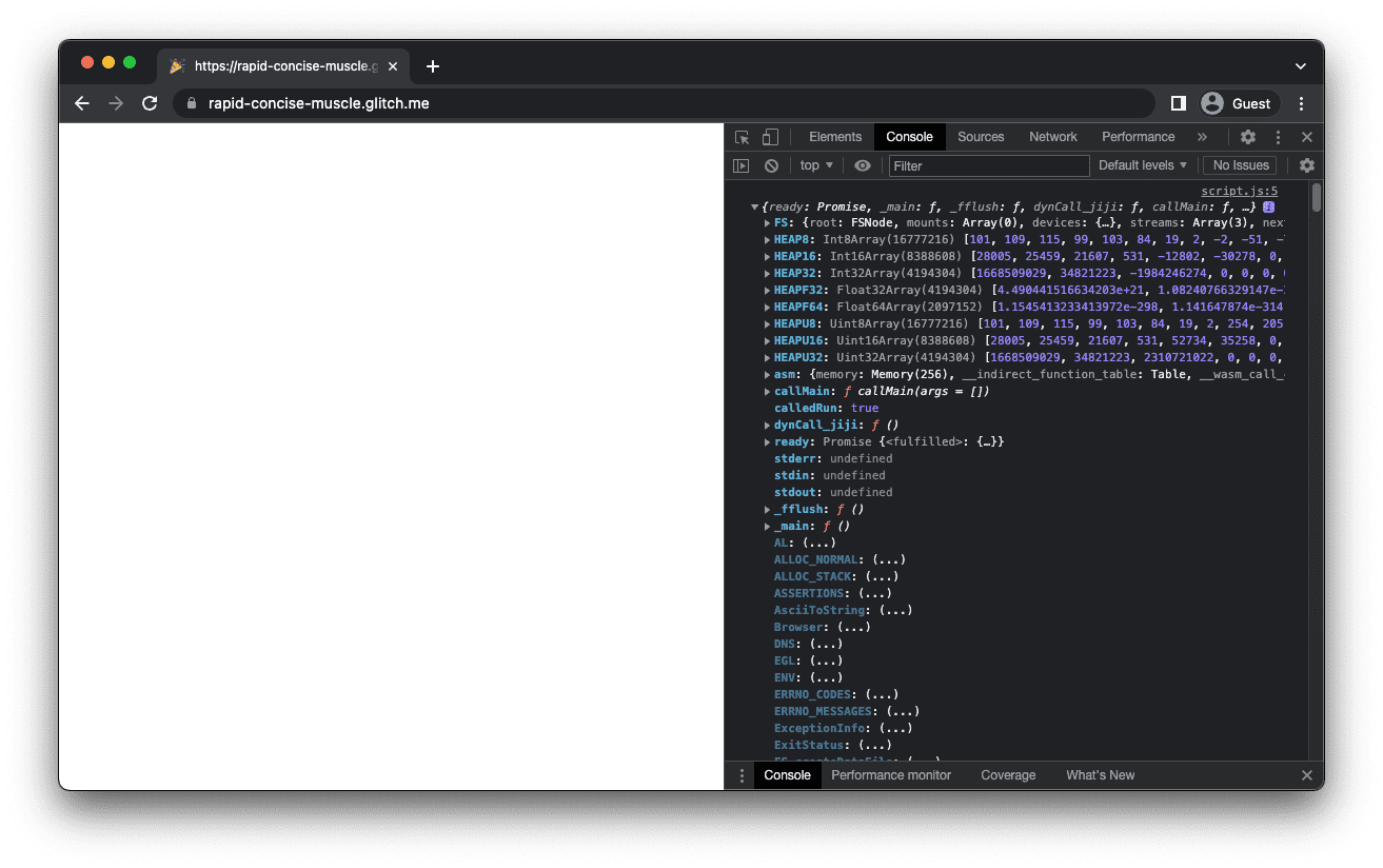 Aplikacja mkbitmap z białym ekranem, na którym w konsoli Narzędzi deweloperskich widać obiekt Module.