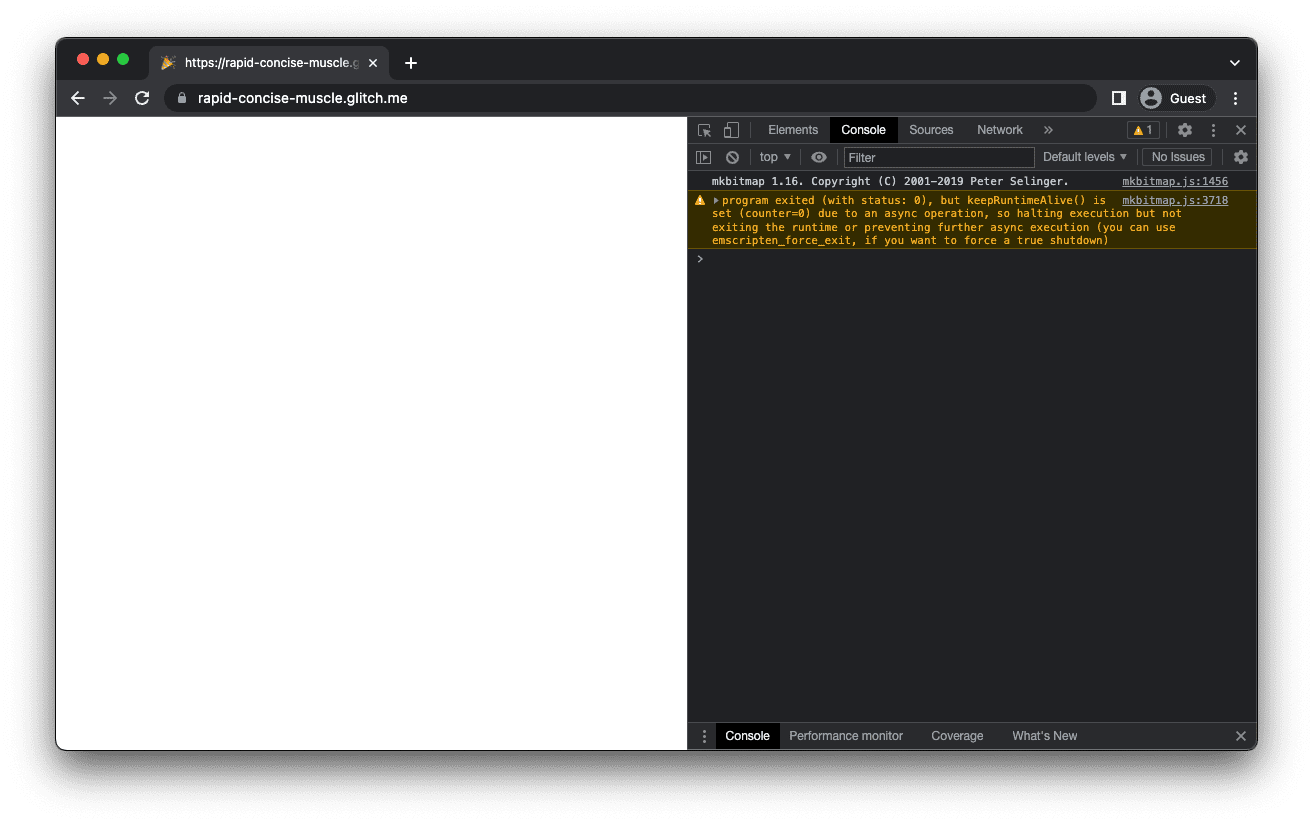 Aplikacja mkbitmap z białym ekranem, na którym w konsoli Narzędzi deweloperskich widać numer wersji mkbitmap.