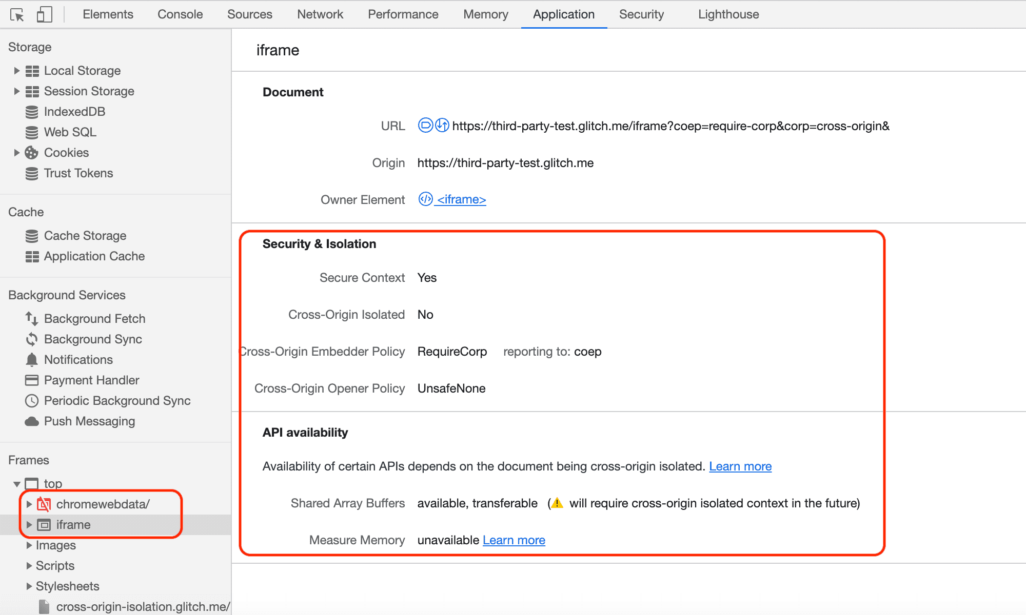 Inspector de iframe de las Herramientas para desarrolladores de Chrome.