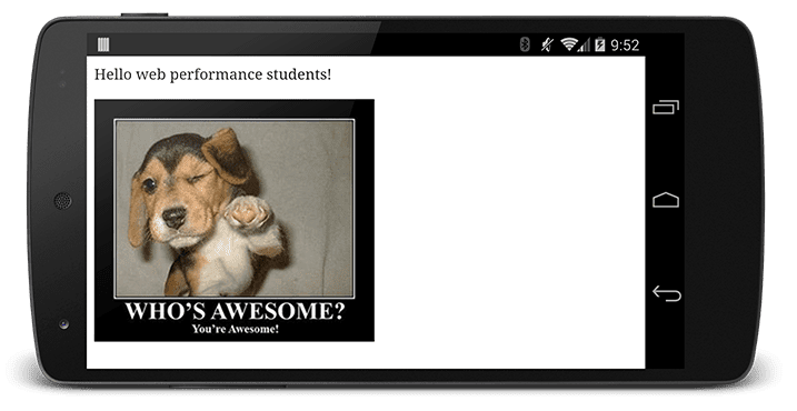 Rendered page saying 'Hello web performance students!' and showing a meme of a cute dog telling you you're awesome.