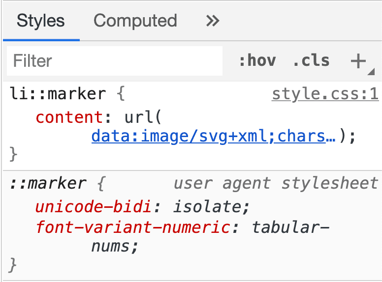 DevTools استایل‌ها را از user agent و استایل‌های کاربر باز کرده و نمایش می‌دهد.