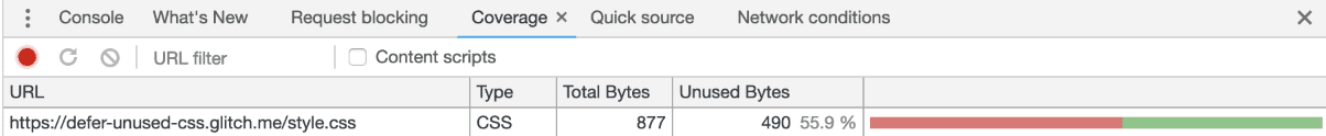 تغطية ملف CSS، مع عرض% 55.9 من البايتات غير المستخدَمة