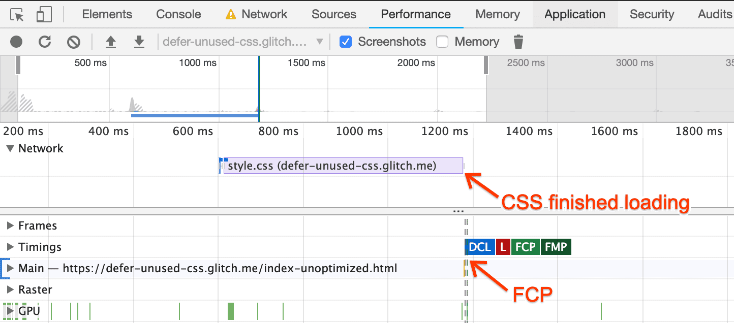 ردیابی عملکرد DevTools برای صفحه بهینه‌سازی نشده، که نشان می‌دهد FCP پس از بارگذاری CSS شروع می‌شود.