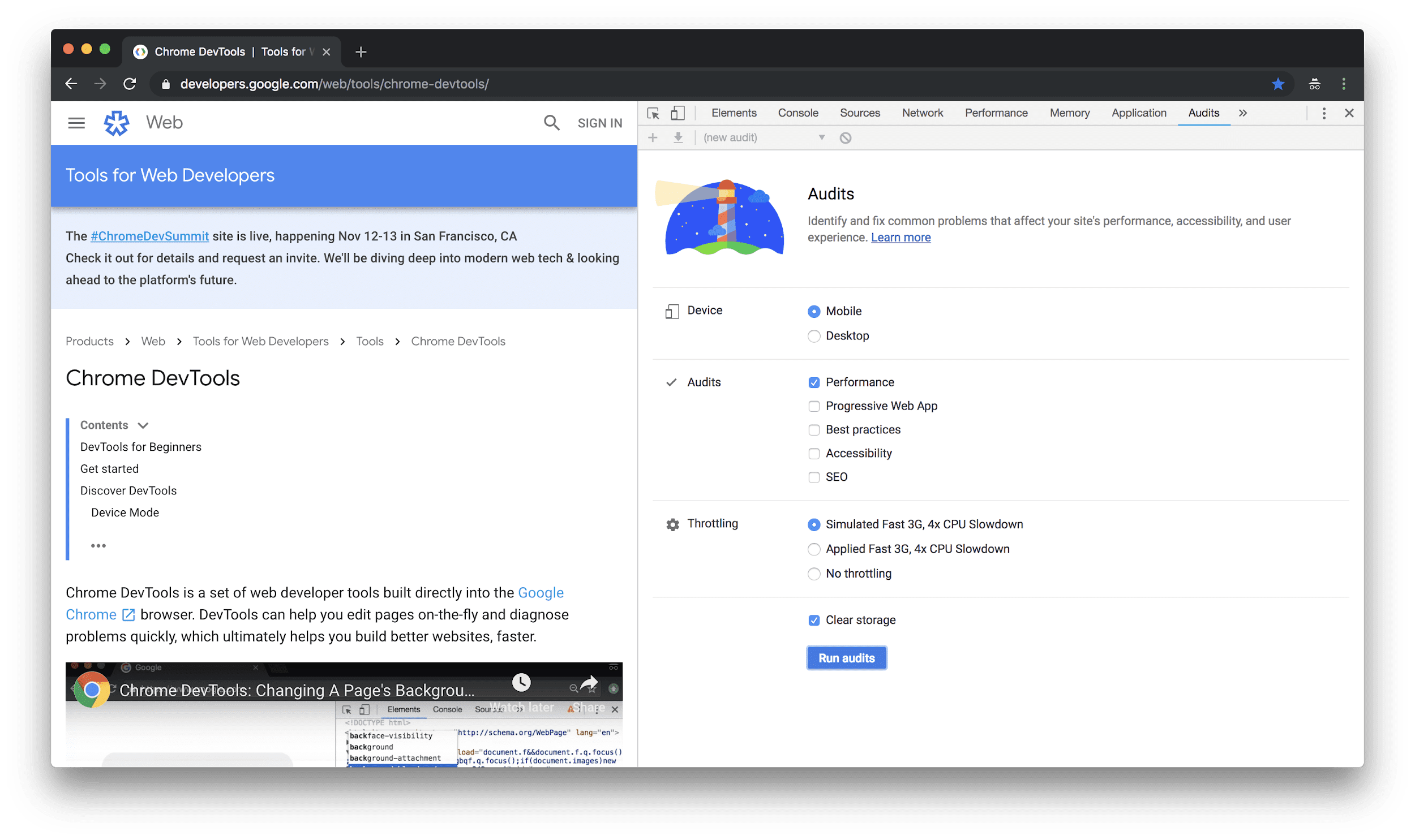 Lighthouse ऑडिट पैनल में DevTools खोला गया.
