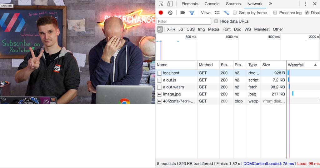 El panel de red de DevTools y la imagen generada.