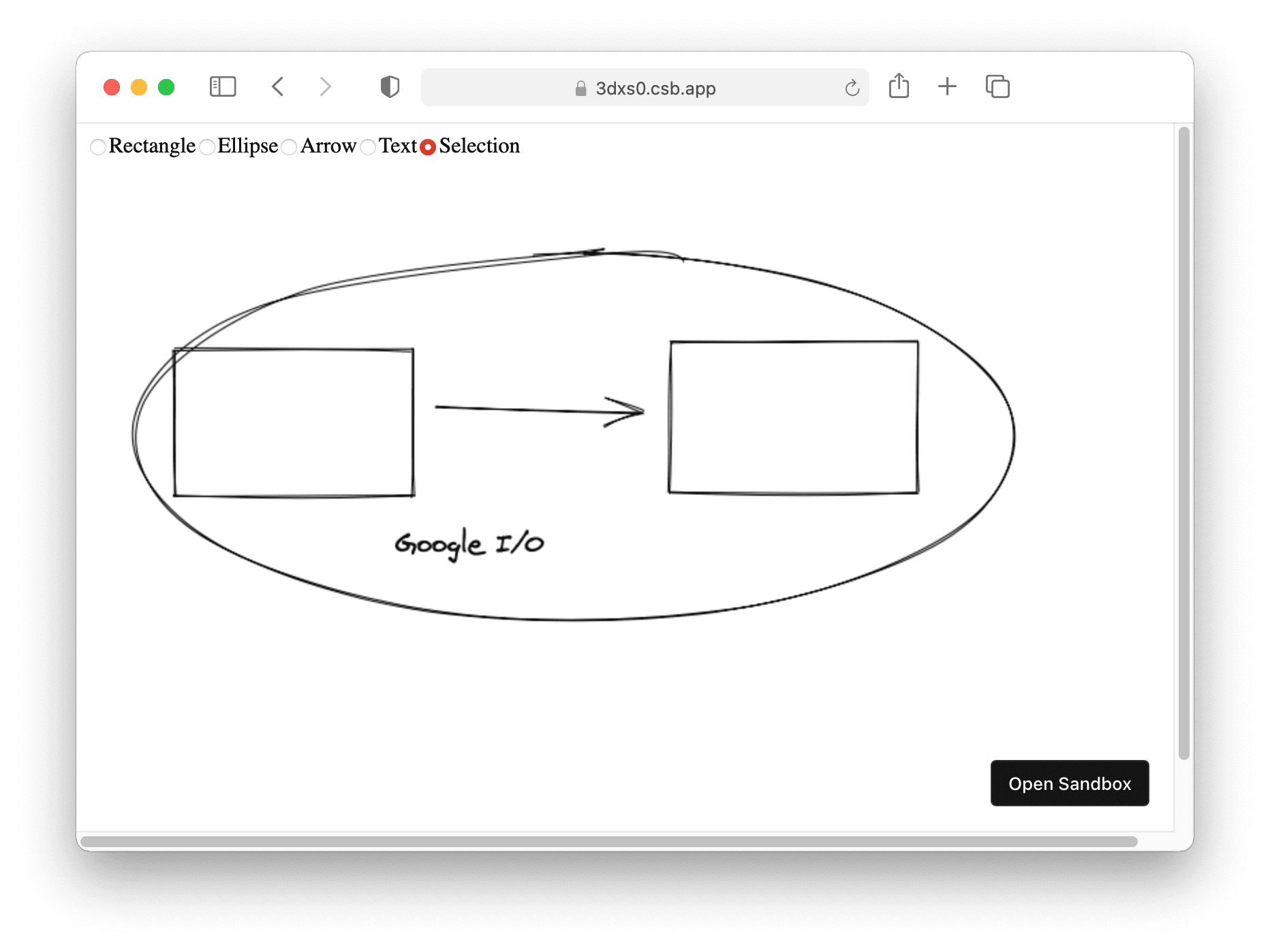 Excalidraw 原型应用的屏幕截图,显示该应用支持矩形、箭头、椭圆和文字。
