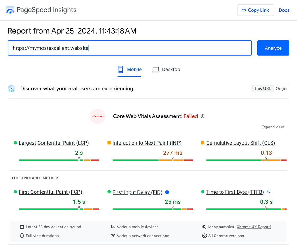 Dữ liệu thực tế như CrUX cho thấy trong PageSpeed Insights, cho thấy LCP, INP, CLS tại 3 Chỉ số quan trọng chính của trang web, TTFB, FCP là các chỉ số chẩn đoán và FID là chỉ số quan trọng chính đã ngừng hoạt động của trang web.