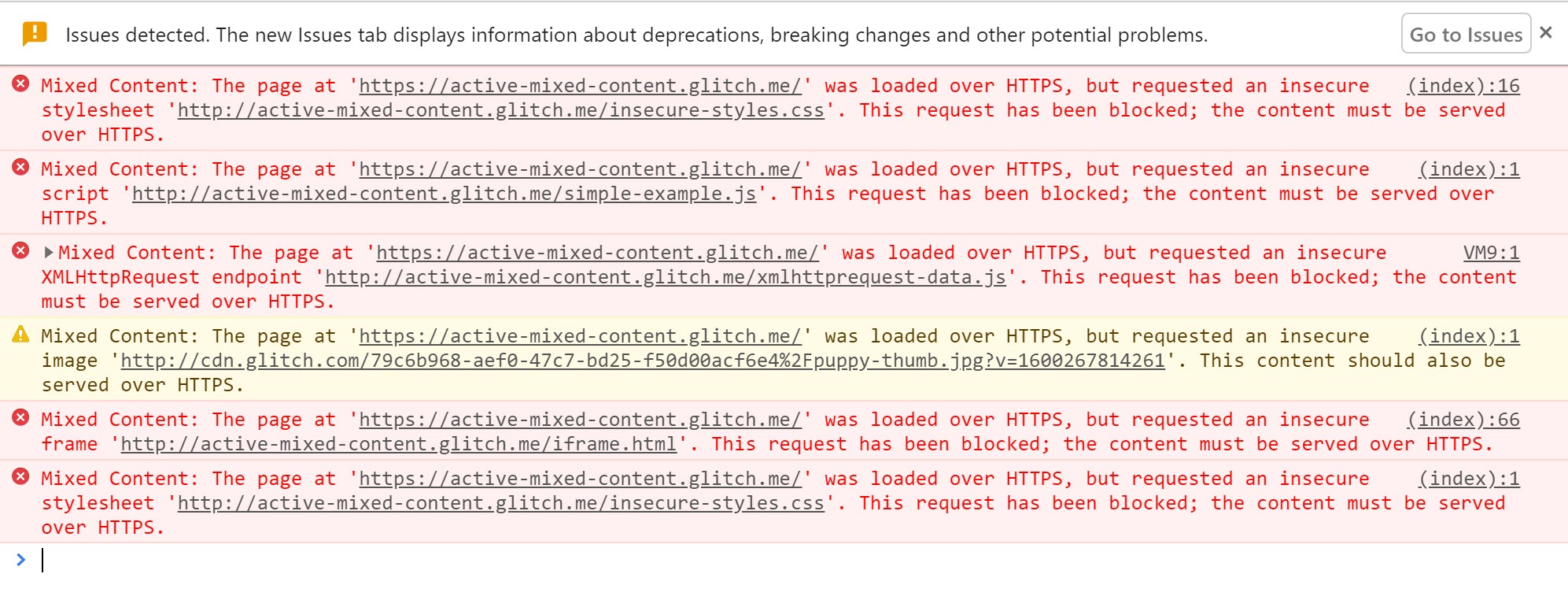 ابزارهای توسعه کروم (Chrome DevTools) هشدارهایی را که هنگام مسدود شدن محتوای ترکیبی فعال نمایش داده می‌شوند، نشان می‌دهند.