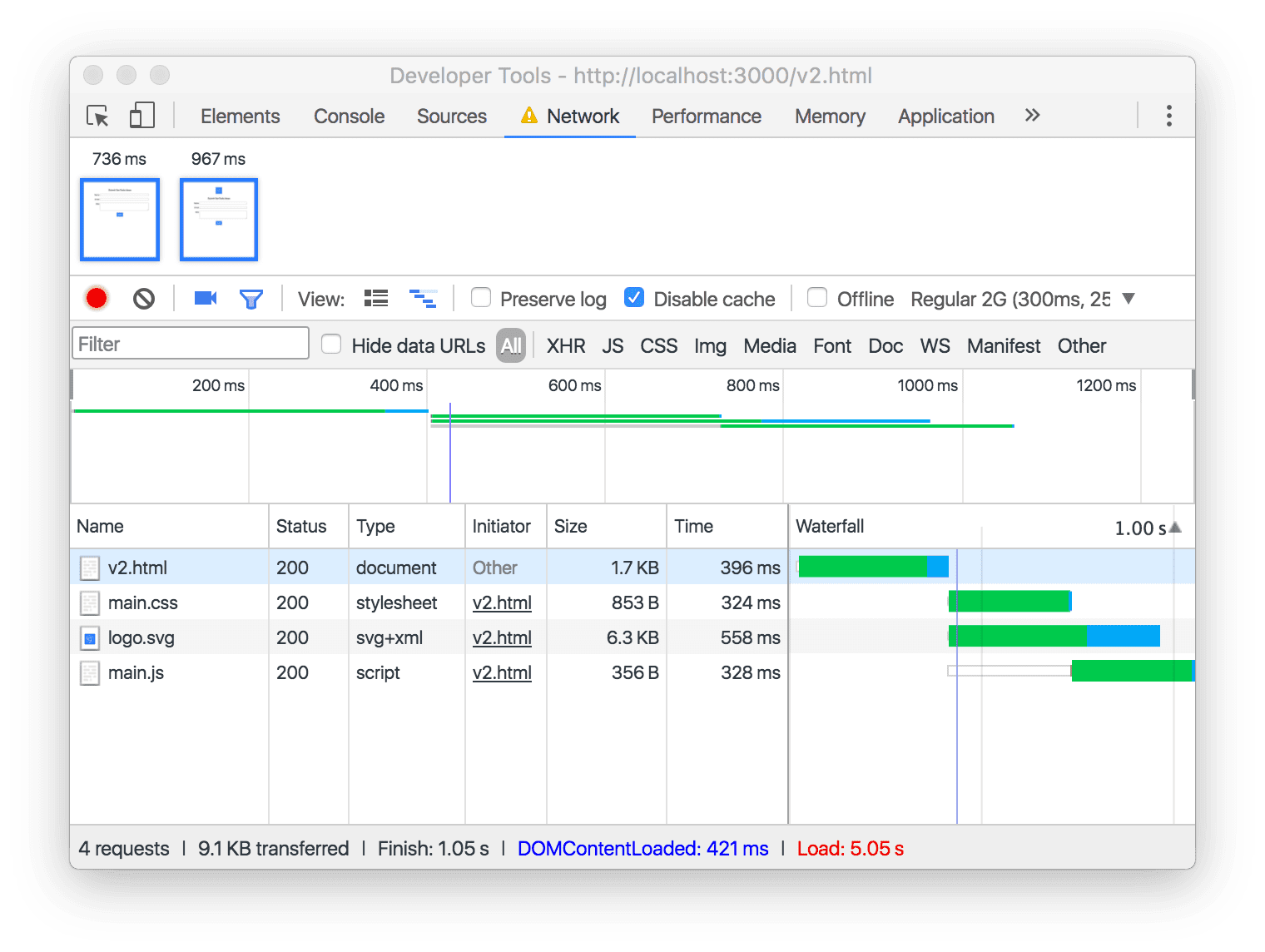 Panneau "Réseau" des outils pour les développeurs Chrome