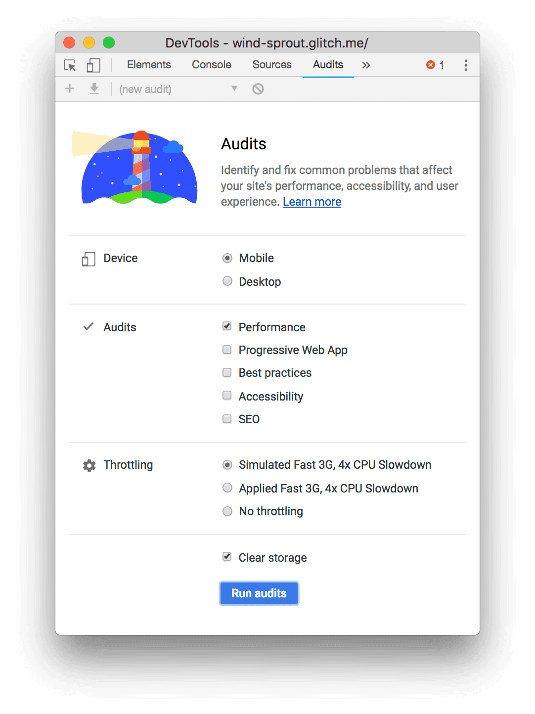 Capture d'écran du panneau "Audits" (Audits) dans Chrome DevTools.