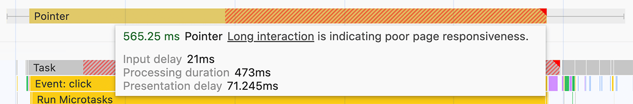 Info-bulle d'info-bulle pour une interaction, comme indiqué dans le panneau "Performances" de Chrome DevTools. L'info-bulle indique le temps passé pendant l'interaction et dans quelle partie, y compris le délai d'entrée, la durée de traitement et le délai de présentation de l'interaction.
