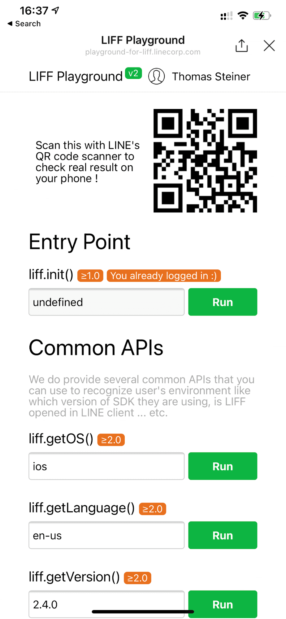 在 iOS 裝置上執行的 LINE Playground 示範應用程式，顯示 `liff.getOS()` 傳回「ios」。