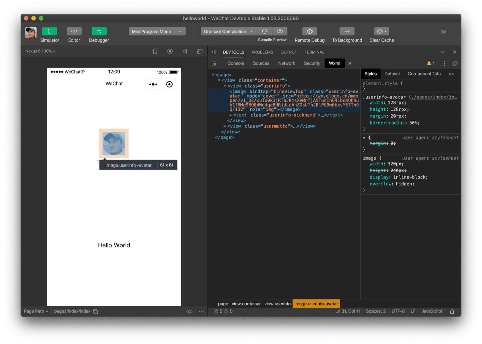 Ispezione di un'immagine con il riquadro "Wxml" di WeChat DevTools. Mostra che il tag in uso è un tag "image".