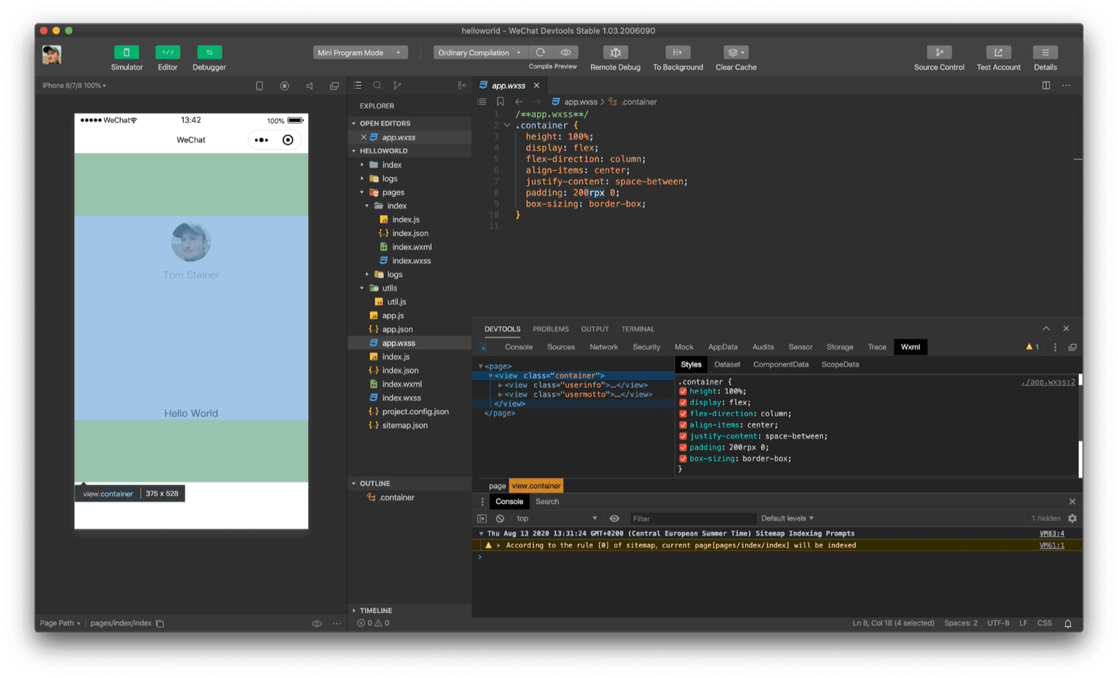فحص طريقة عرض مع مساحة متروكة محدّدة في الأعلى والأسفل تبلغ ‎200rpx في "أدوات مطوّري البرامج في WeChat"