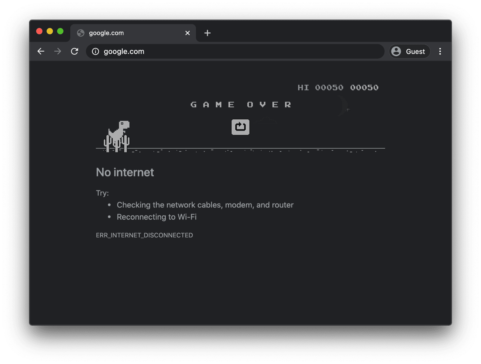 Die Google Chrome-Desktop-App mit dem Offline-Dino-Spiel.