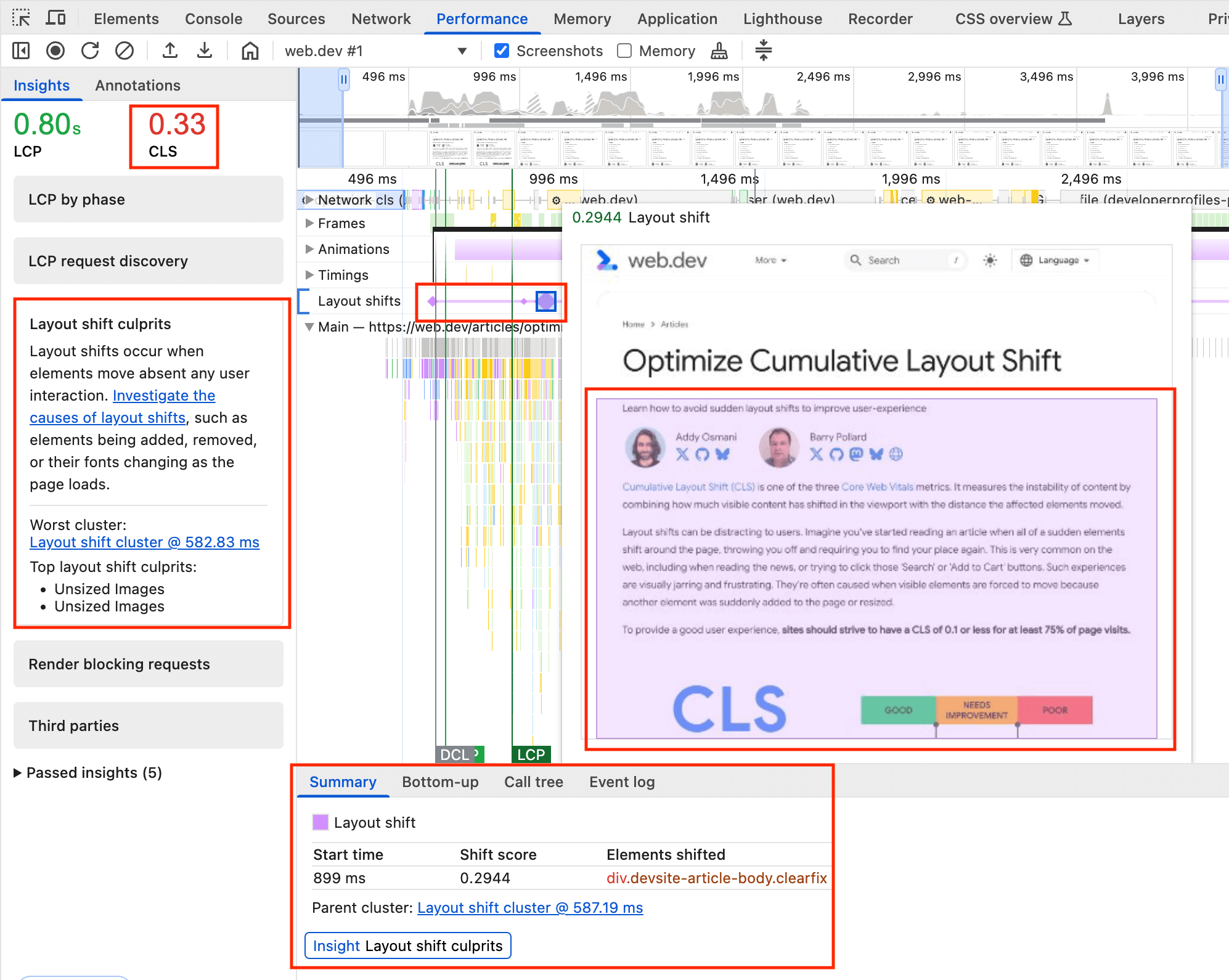 Записи Layout Shift отображаются на панели производительности инструментов разработчика Chrome.