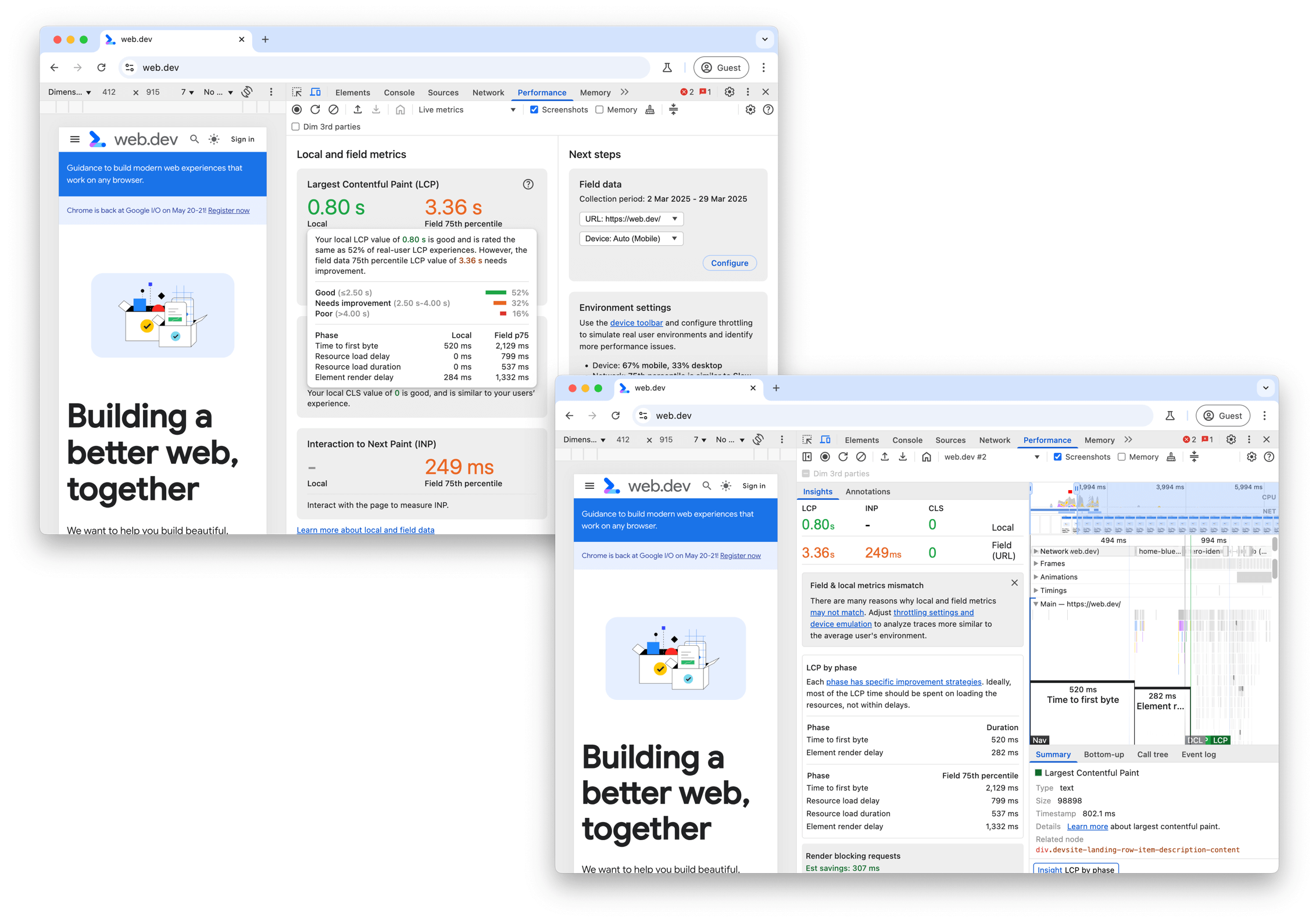 LCP محلی و میدانی در پنل عملکرد Chrome DevTools