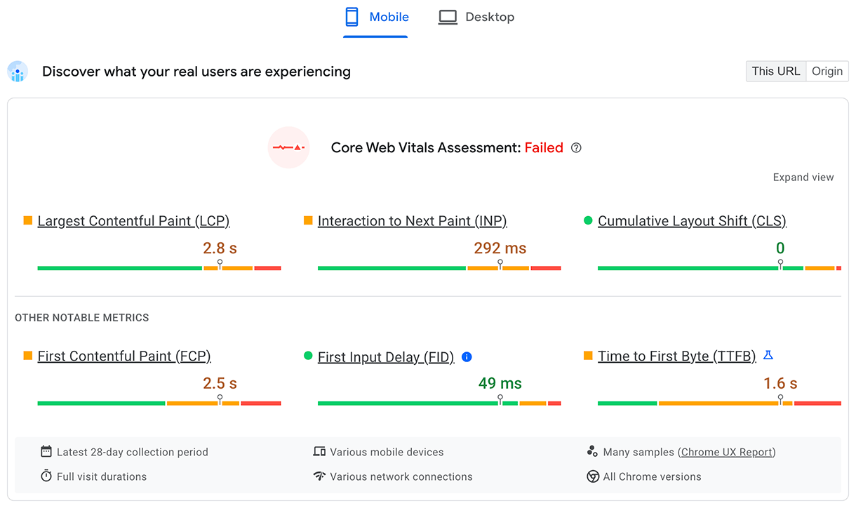 PageSpeed ​​Insights-এ TTFB মেট্রিকের জন্য ফিল্ড ডেটা অন্তর্ভুক্ত রয়েছে।