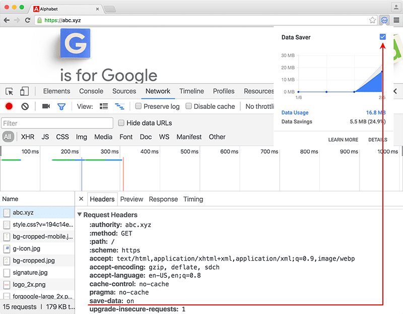 ส่วนหัว Save-Data ที่แสดงในเครื่องมือสำหรับนักพัฒนาซอฟต์แวร์ของ Chrome พร้อมกับส่วนขยายประหยัดอินเทอร์เน็ต