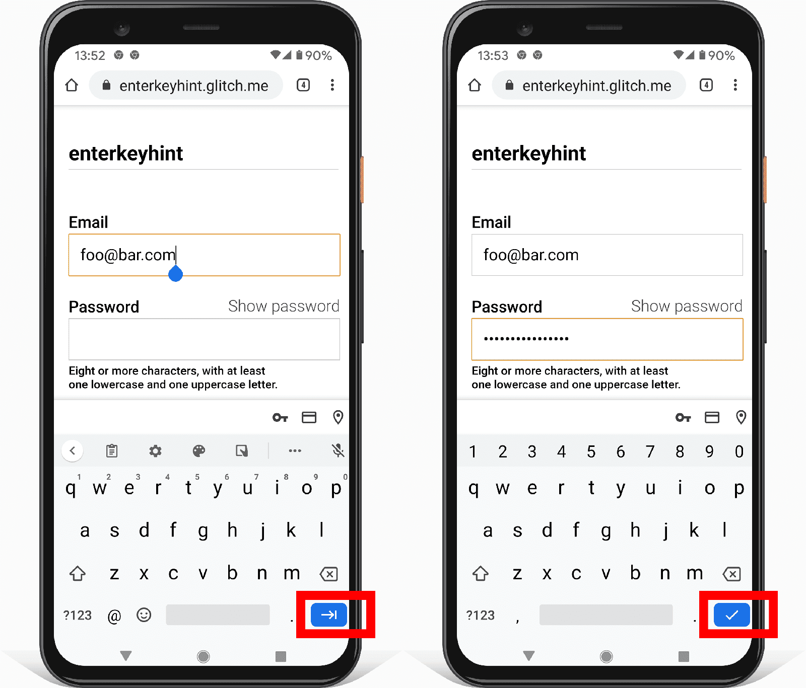 שני צילומי מסך של טופס כתובת ב-Android שבהם רואים איך מאפיין הקלט enterkeyhint משנה את הסמל של לחצן Enter.
