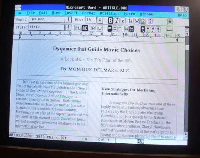 A monitor displaying the Windows 3.1 version of Microsoft Word.