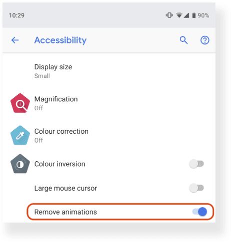 מסך ההגדרות של Android עם תיבת הסימון 'הסרת אנימציות' מסומנת.