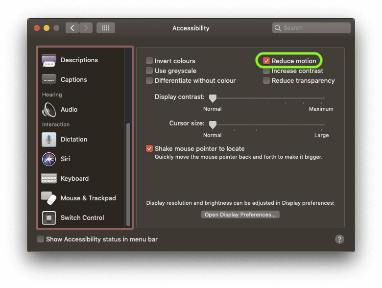 La pantalla de configuración de macOS con la casilla de verificación "Reducir movimiento" marcada.