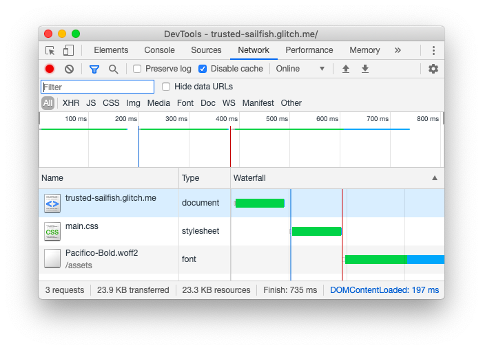 Chrome DevTools の [ネットワーク パネル] のスクリーンショット。
