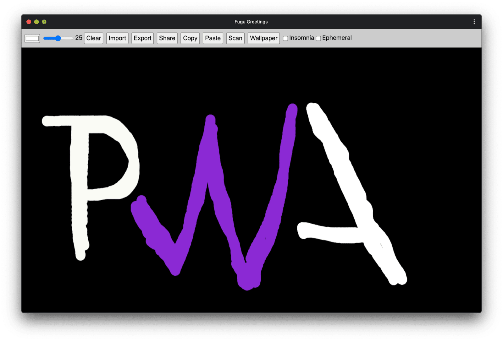 PWA Fugu Greetings con un disegno che assomiglia al logo della community PWA.