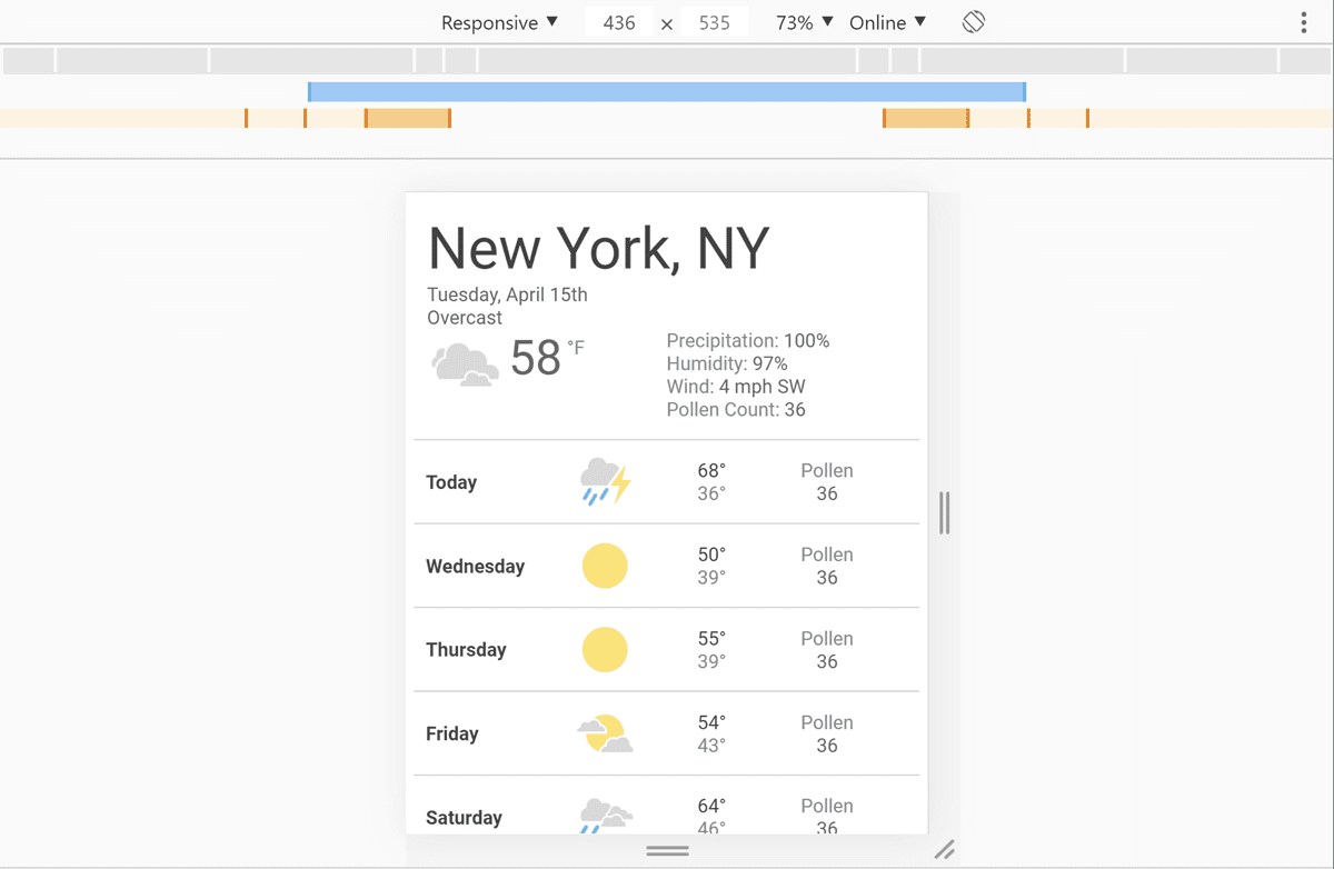 DevTools با برنامه آب و هوای ما که باز است و عرض ۴۳۶ پیکسل انتخاب شده است.