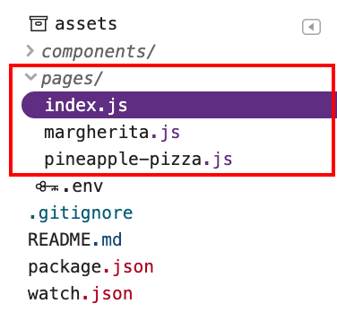Katalog Pages, który zawiera 3 pliki: index.js, margherita.js i pineapple-pizza.js.