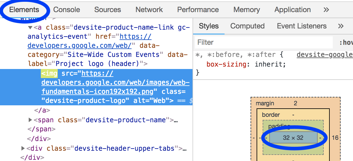پنل عناصر DevTools