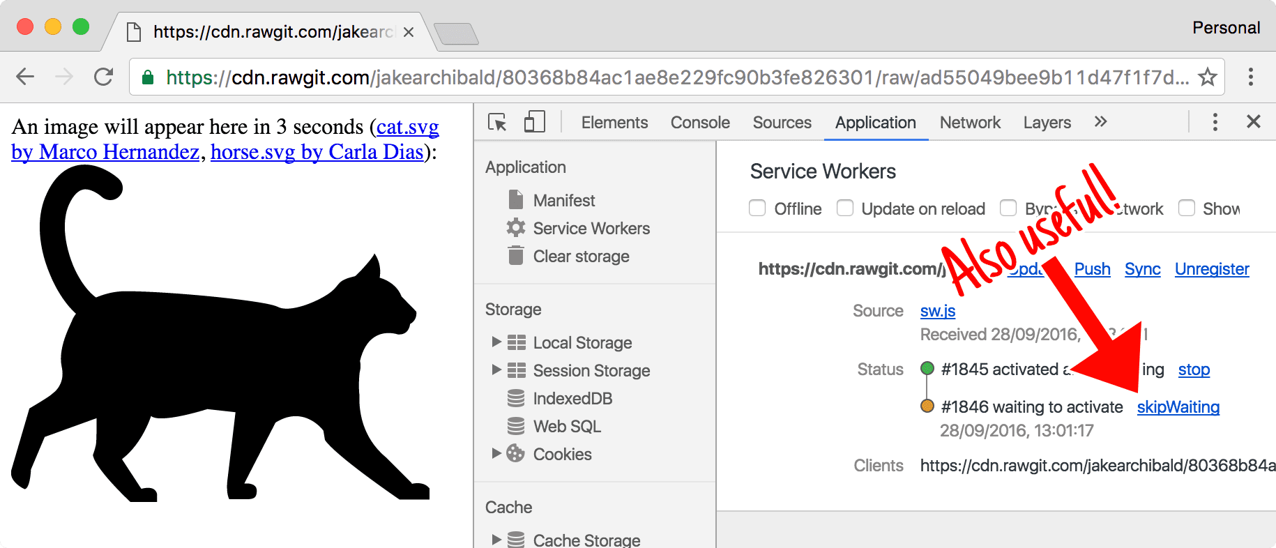 DevTools に「スキップ待機」と表示されている