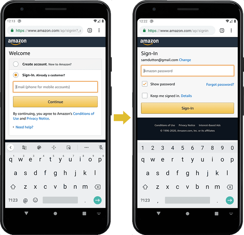 نموذج تسجيل دخول على موقع Amazon الإلكتروني: البريد الإلكتروني أو رقم الهاتف وكلمة المرور على صفحتَين منفصلتَين