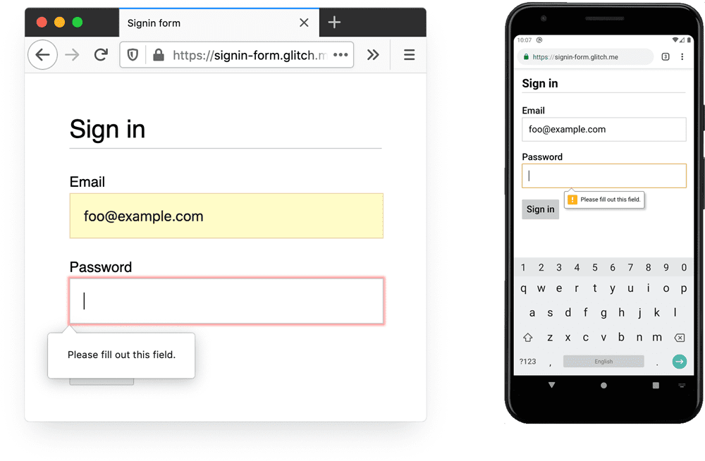 Firefox desktop dan Chrome untuk Android menampilkan perintah 'Isi kolom ini' untuk data yang tidak ada.