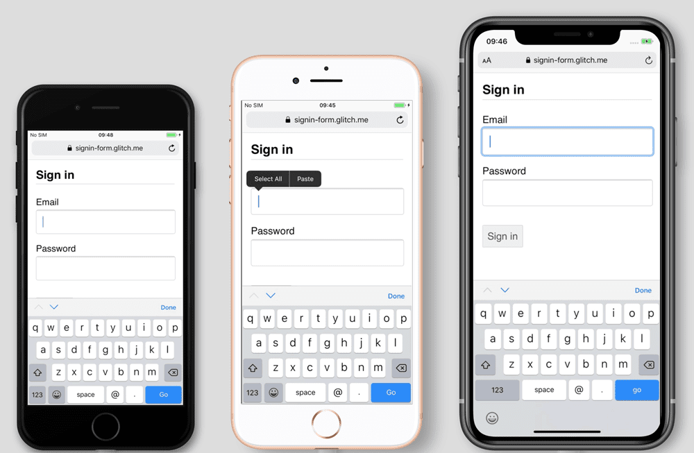ภาพหน้าจอของแบบฟอร์มลงชื่อเข้าใช้ใน iPhone 7, 8 และ 11 ใน iPhone 7 และ 8 แป้นพิมพ์ของโทรศัพท์จะบังปุ่มลงชื่อเข้าใช้ แต่ใน iPhone 11 จะไม่บัง