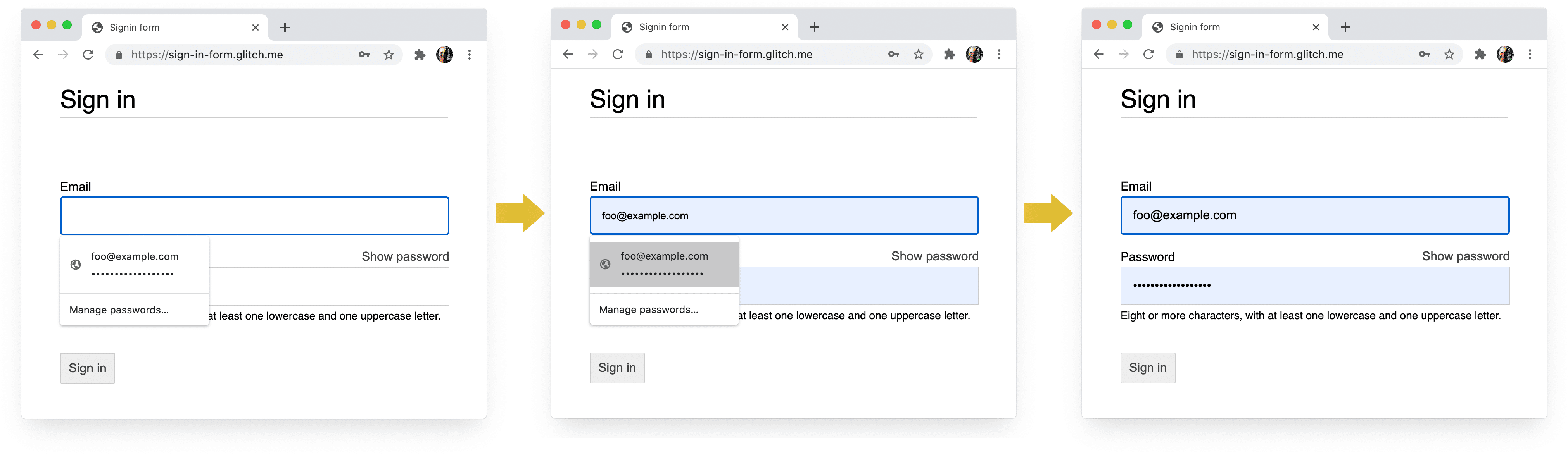 لقطات شاشة لأربع مراحل من عملية تسجيل الدخول في Chrome على الكمبيوتر المكتبي: إكمال عنوان البريد الإلكتروني، واقتراح عنوان البريد الإلكتروني، و"مدير كلمات المرور"، والملء التلقائي عند الاختيار