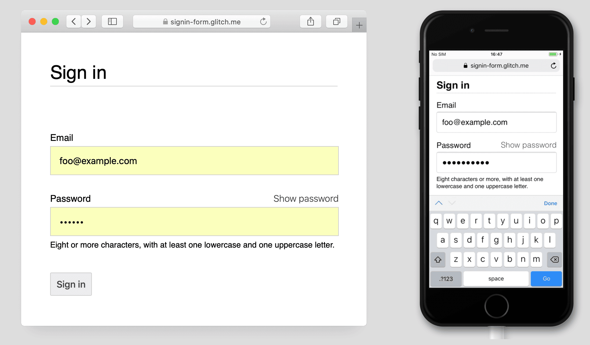 Screenshot del modulo di accesso con il "pulsante" Mostra password, in Safari su Mac e su iPhone 7.