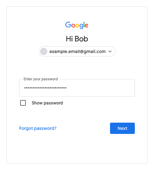 טופס הכניסה לחשבון Google שמוצג בו מתג להצגת הסיסמה וקישור לשחזור סיסמה.
