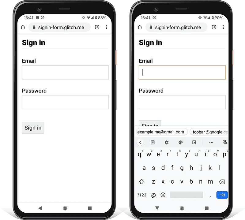 שני צילומי מסך של טופס כניסה בטלפון Android: באחד מהם רואים איך המקלדת של הטלפון מסתירה את הלחצן 'שליחה'.
